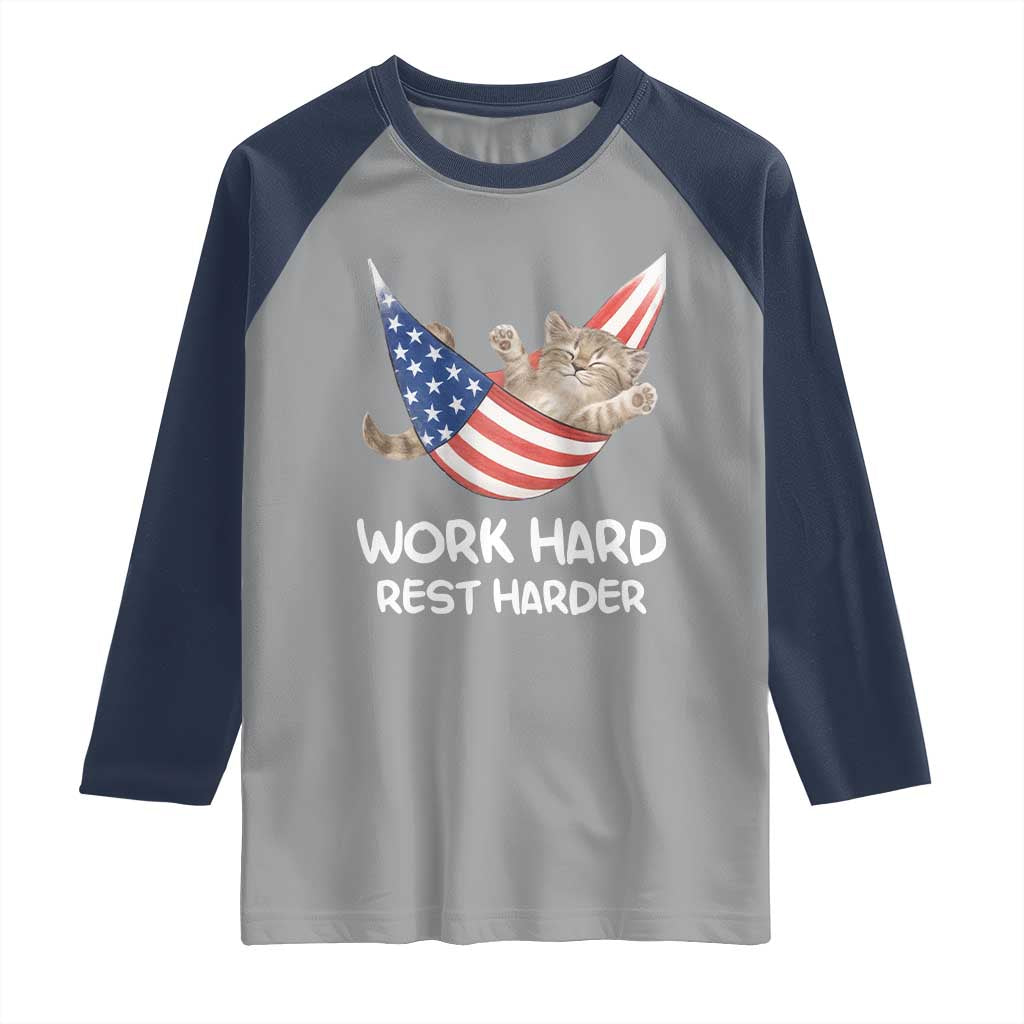 Funny Lazy Cat Raglan Shirt Work Hard Rest Harder Cute Kitty Humor - Wonder Print Shop