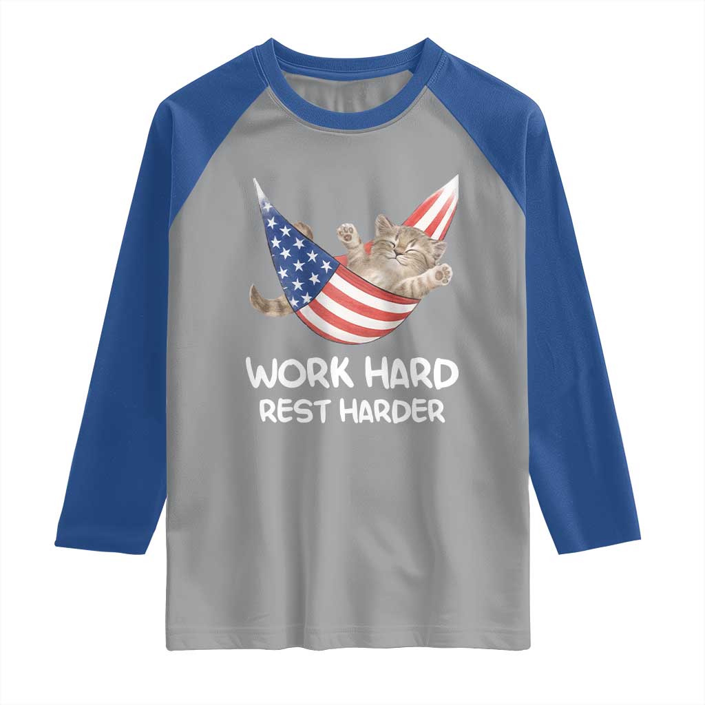 Funny Lazy Cat Raglan Shirt Work Hard Rest Harder Cute Kitty Humor - Wonder Print Shop