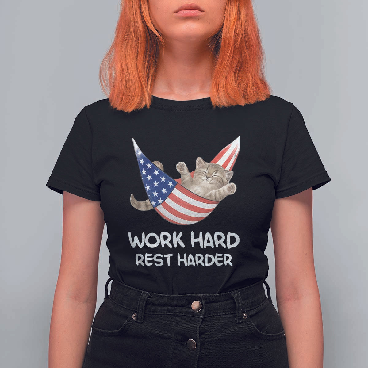 Funny Lazy Cat T Shirt For Women Work Hard Rest Harder Cute Kitty Humor - Wonder Print Shop