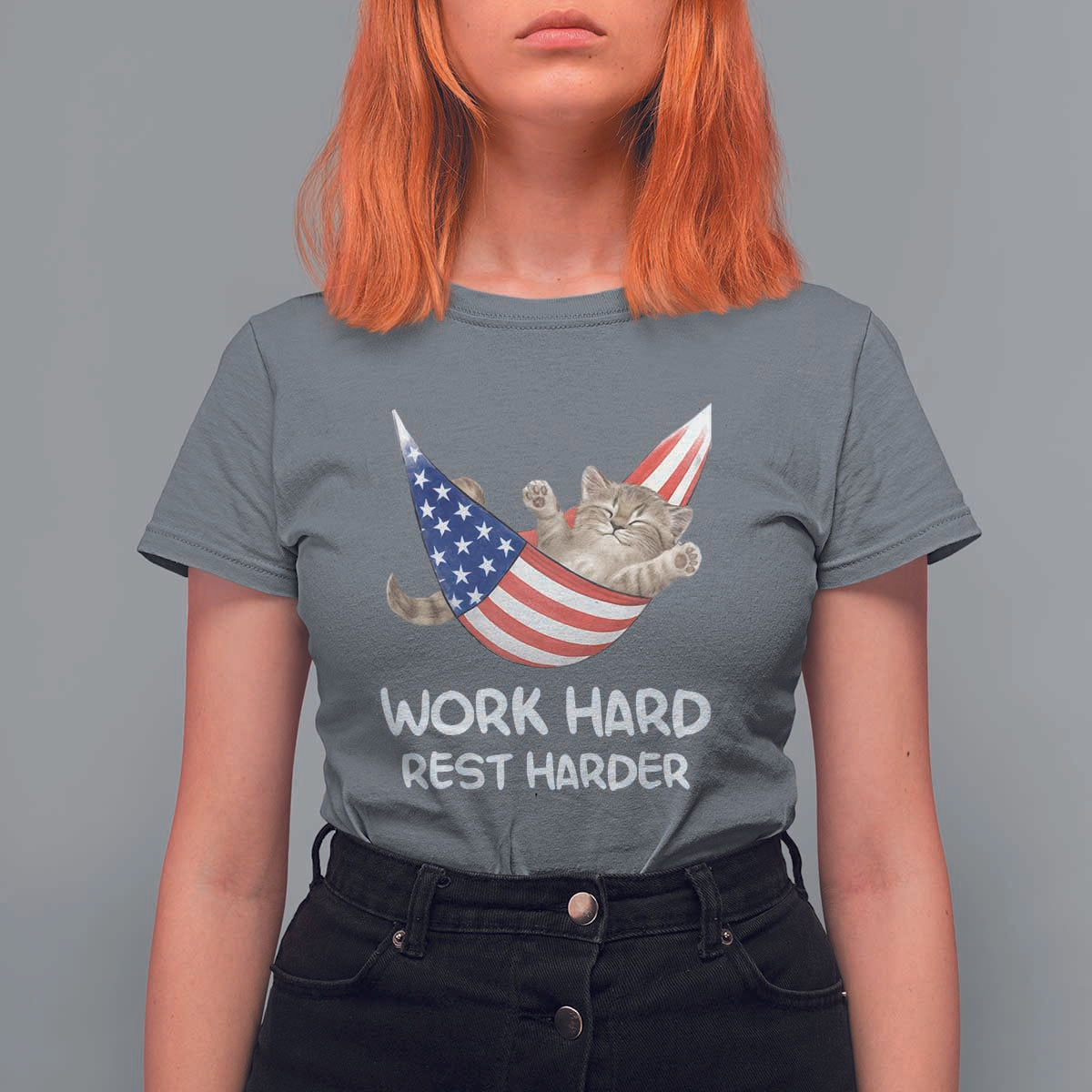 Funny Lazy Cat T Shirt For Women Work Hard Rest Harder Cute Kitty Humor - Wonder Print Shop