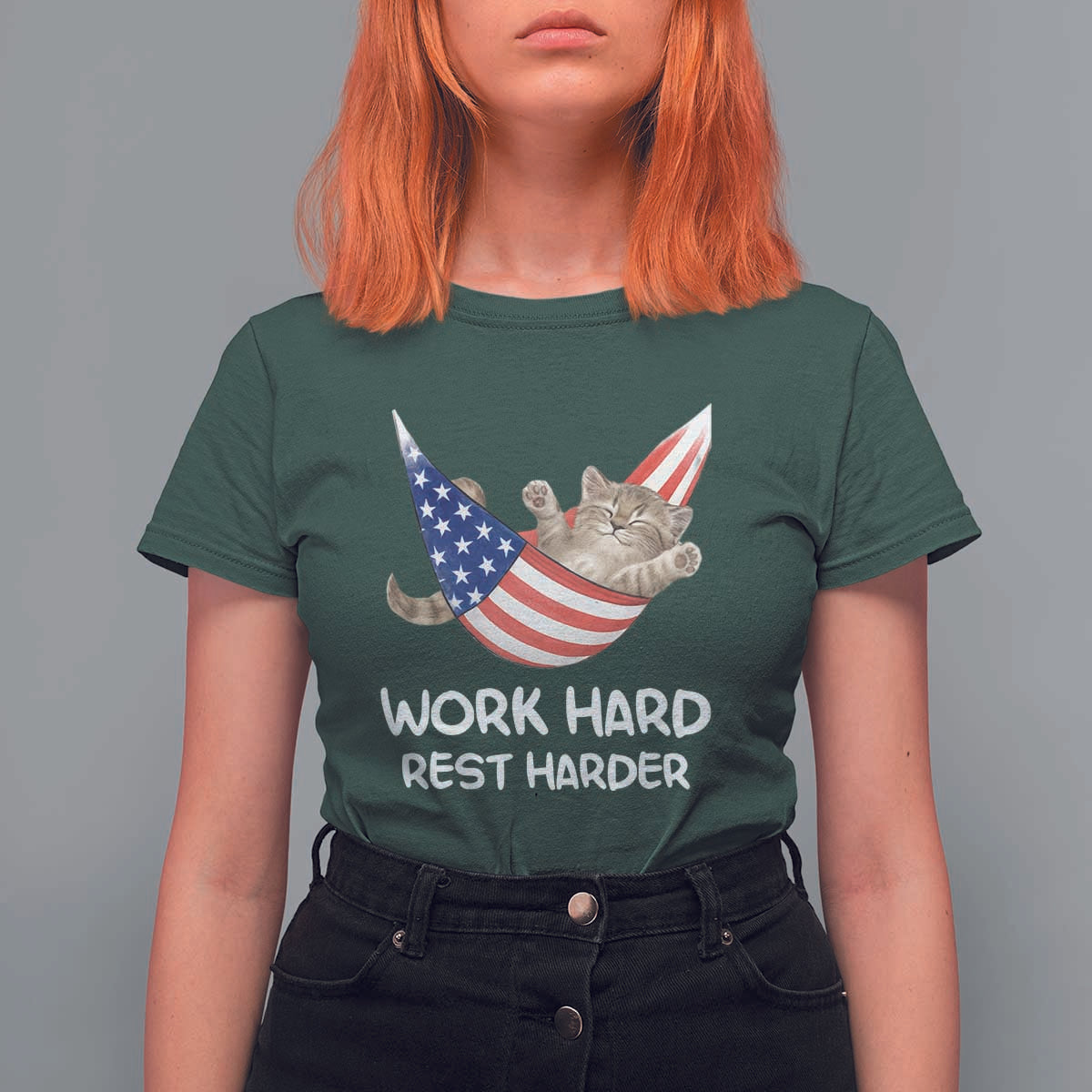 Funny Lazy Cat T Shirt For Women Work Hard Rest Harder Cute Kitty Humor - Wonder Print Shop