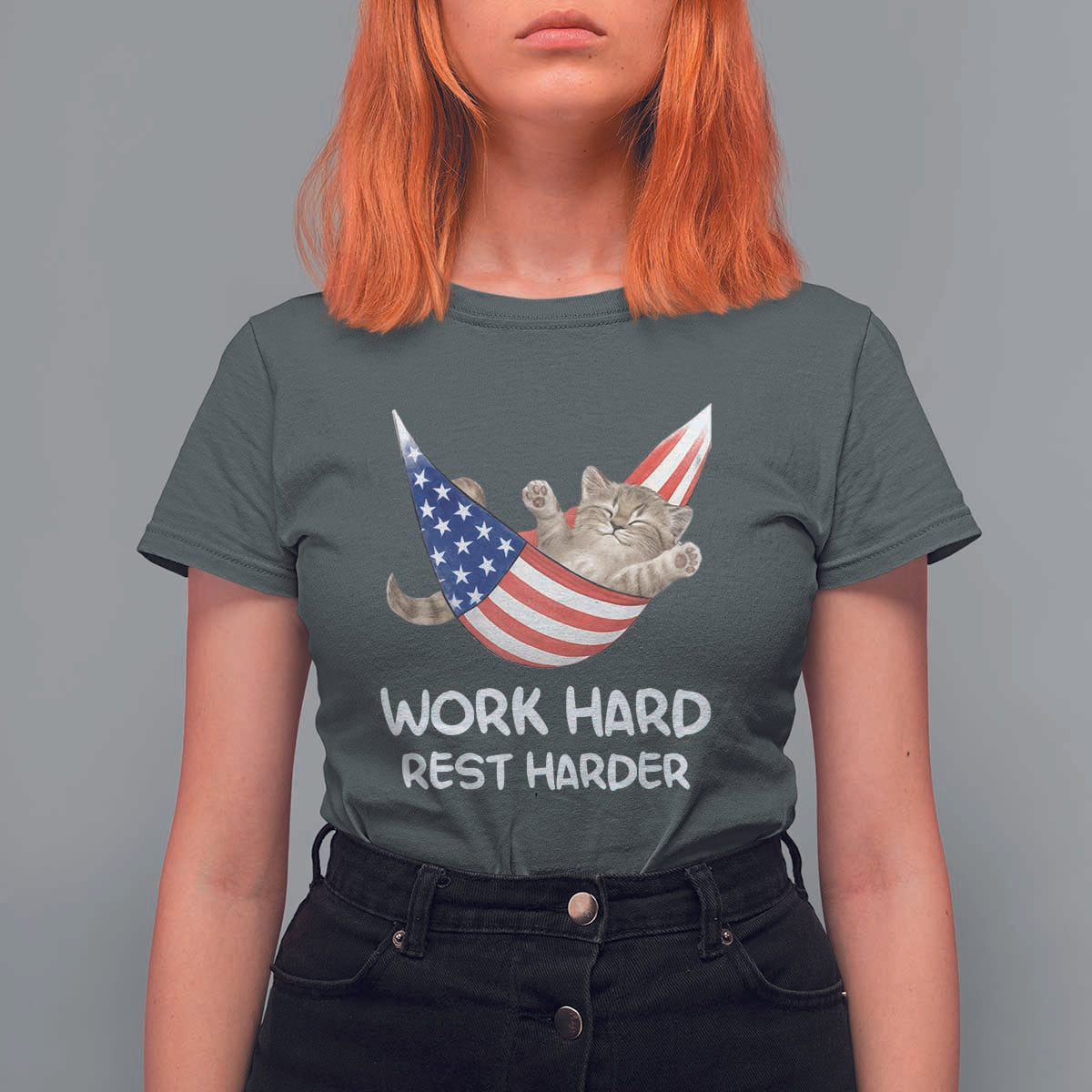 Funny Lazy Cat T Shirt For Women Work Hard Rest Harder Cute Kitty Humor - Wonder Print Shop