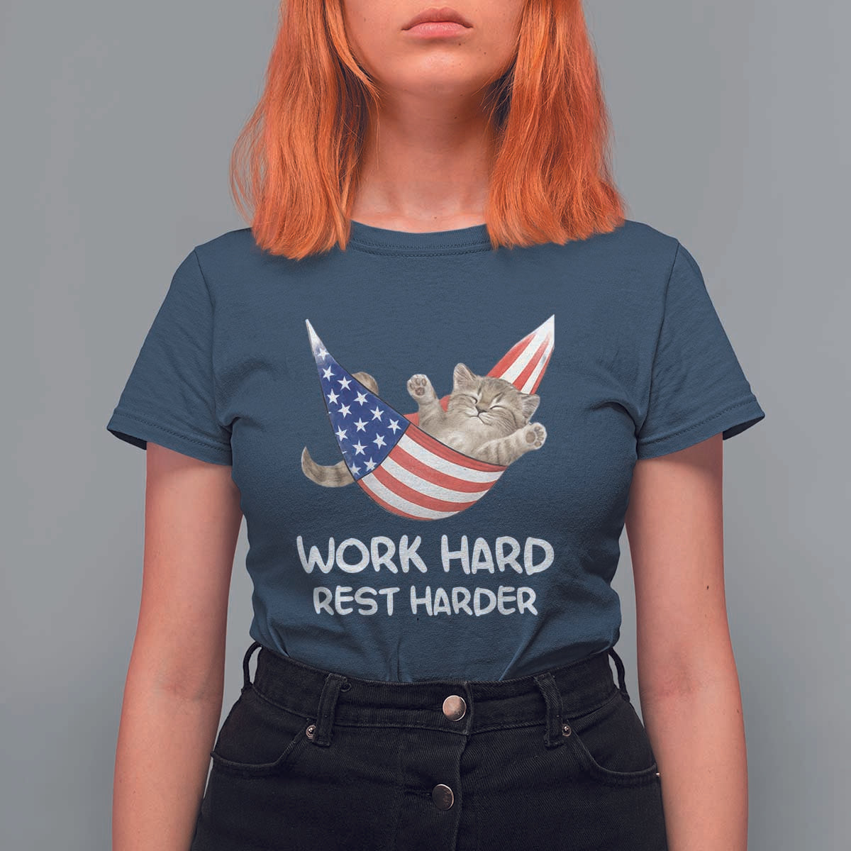 Funny Lazy Cat T Shirt For Women Work Hard Rest Harder Cute Kitty Humor - Wonder Print Shop