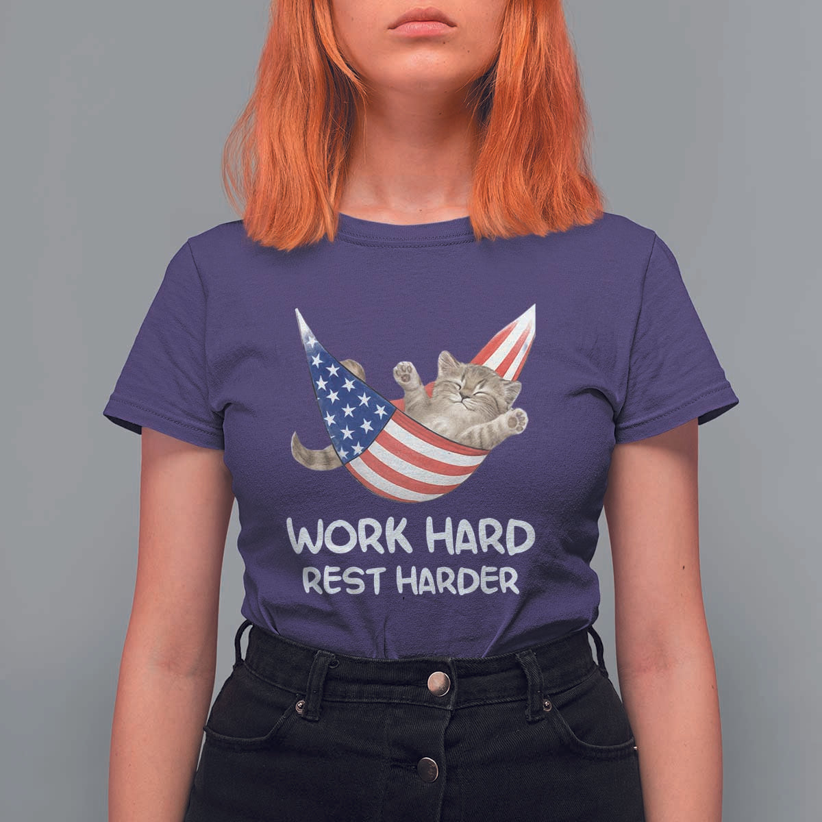 Funny Lazy Cat T Shirt For Women Work Hard Rest Harder Cute Kitty Humor - Wonder Print Shop