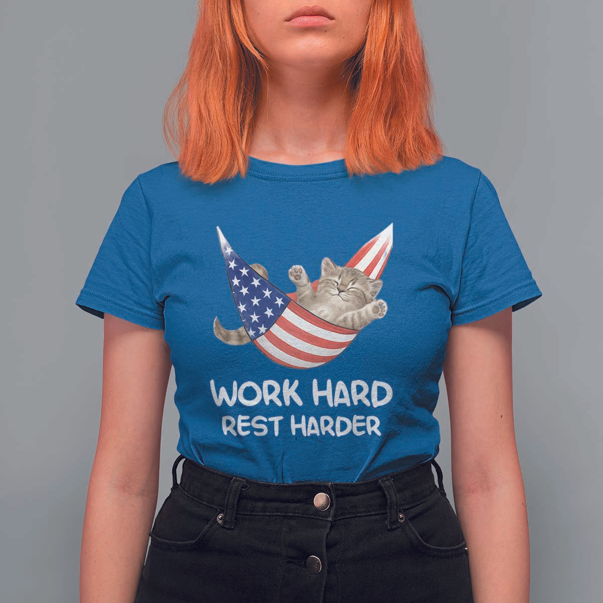 Funny Lazy Cat T Shirt For Women Work Hard Rest Harder Cute Kitty Humor - Wonder Print Shop