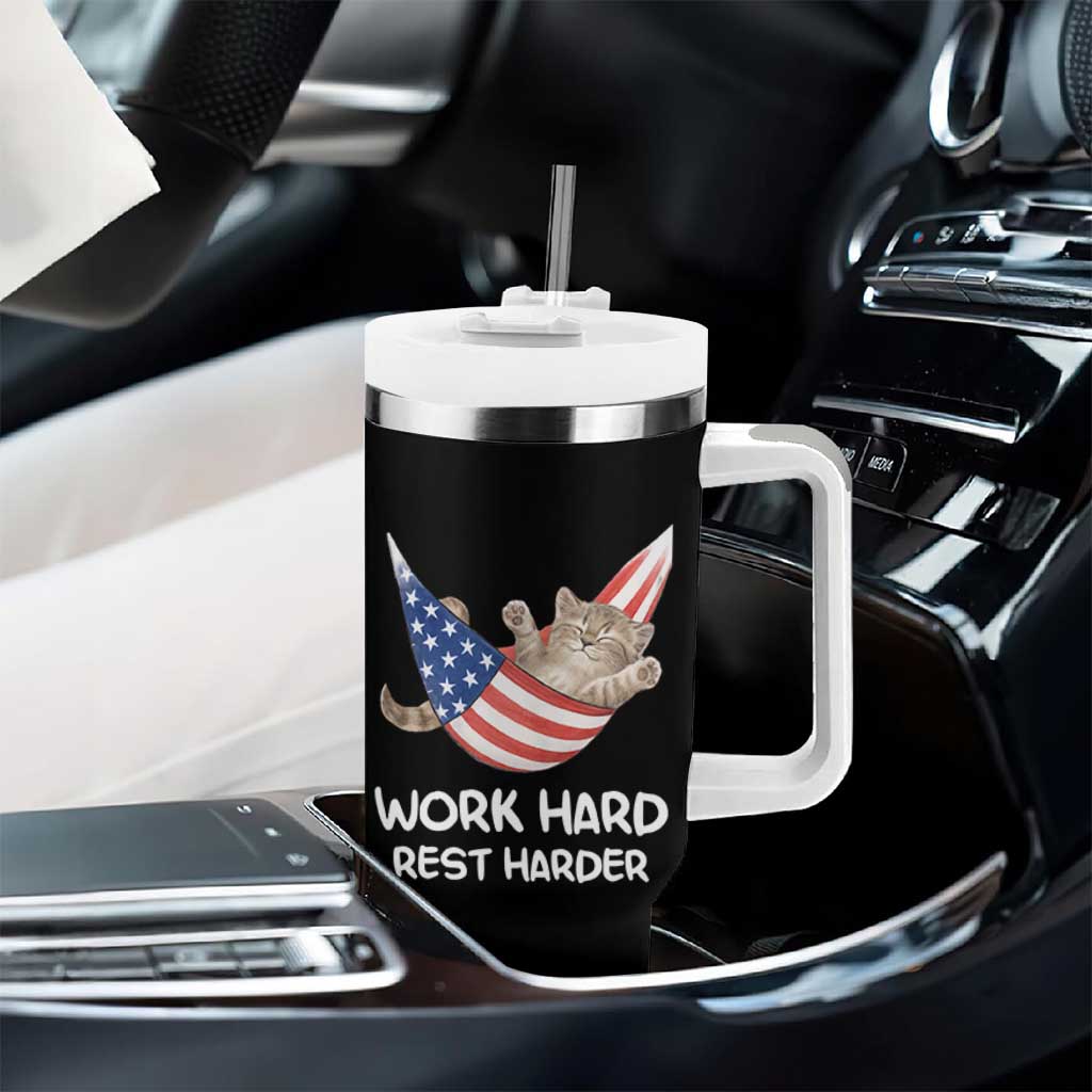 Funny Lazy Cat Tumbler With Handle Work Hard Rest Harder Cute Kitty Humor