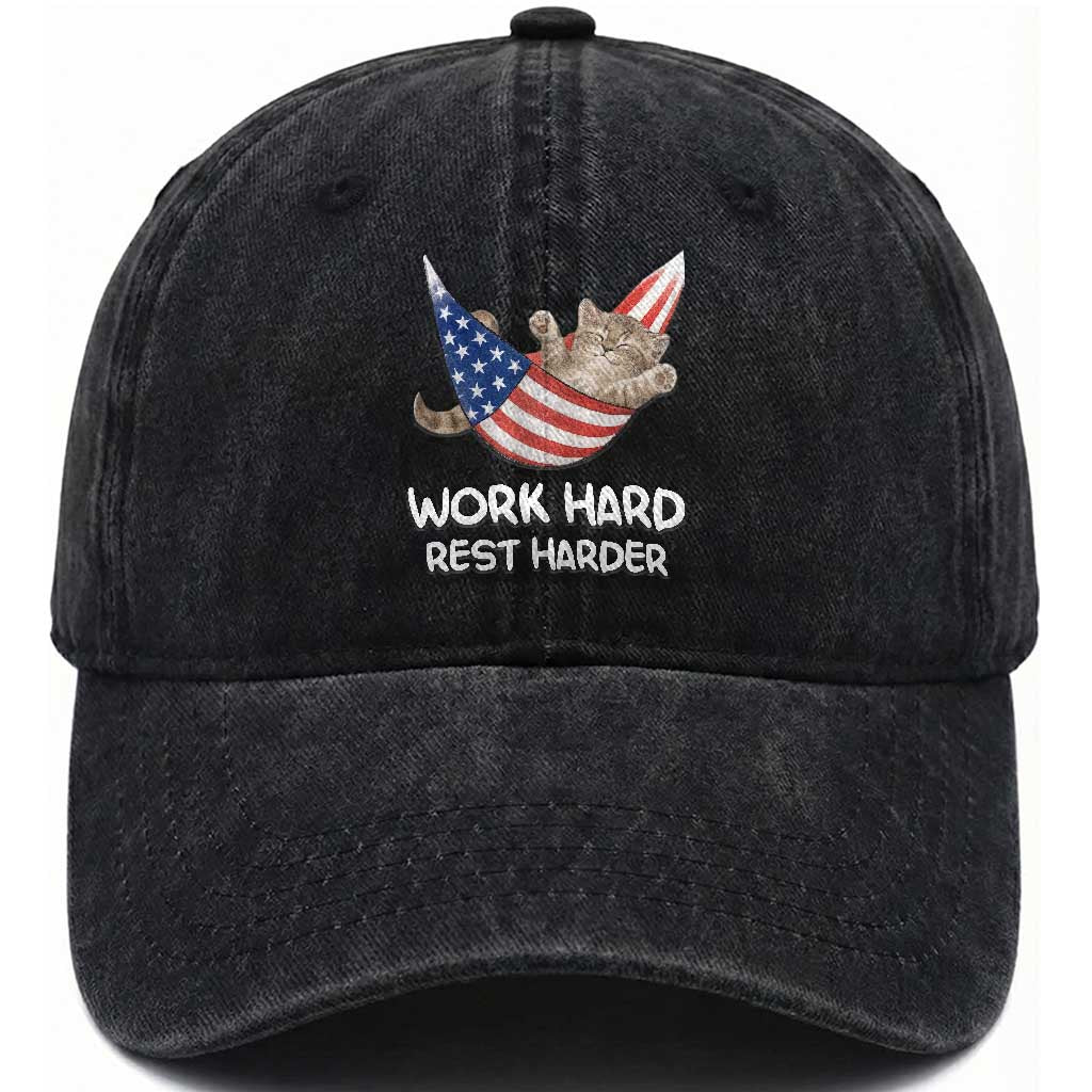 Funny Lazy Cat Washed Cotton Baseball Cap Work Hard Rest Harder Cute Kitty Humor