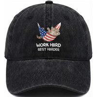 Funny Lazy Cat Washed Cotton Baseball Cap Work Hard Rest Harder Cute Kitty Humor