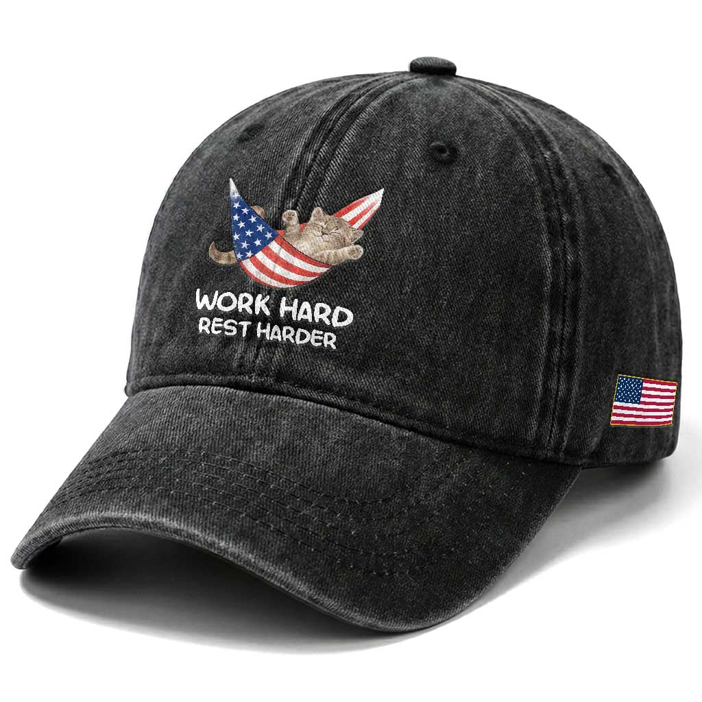 Funny Lazy Cat Washed Cotton Baseball Cap Work Hard Rest Harder Cute Kitty Humor