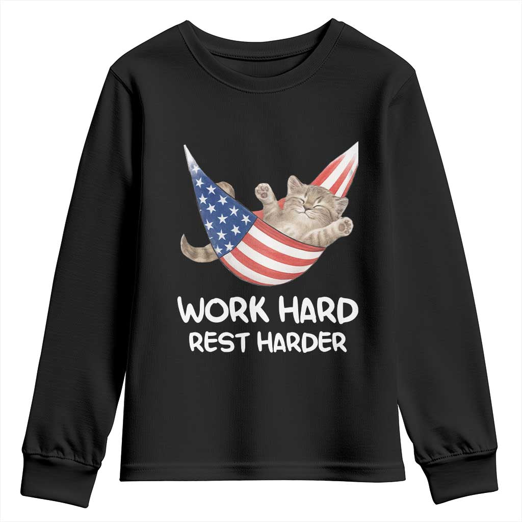Funny Lazy Cat Youth Sweatshirt Work Hard Rest Harder Cute Kitty Humor - Wonder Print Shop