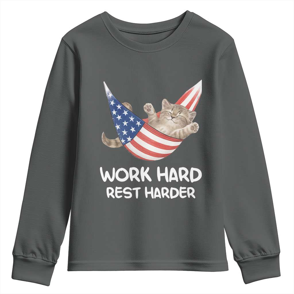 Funny Lazy Cat Youth Sweatshirt Work Hard Rest Harder Cute Kitty Humor - Wonder Print Shop