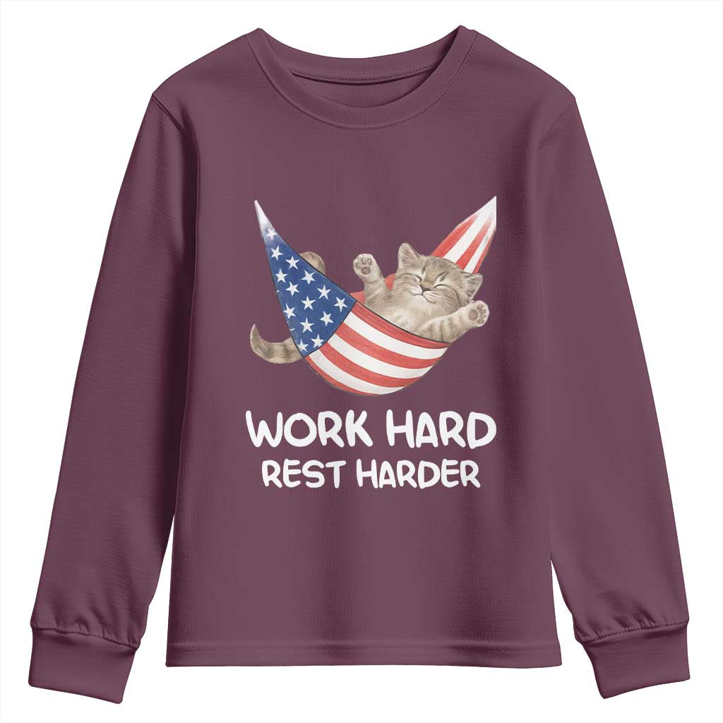 Funny Lazy Cat Youth Sweatshirt Work Hard Rest Harder Cute Kitty Humor - Wonder Print Shop