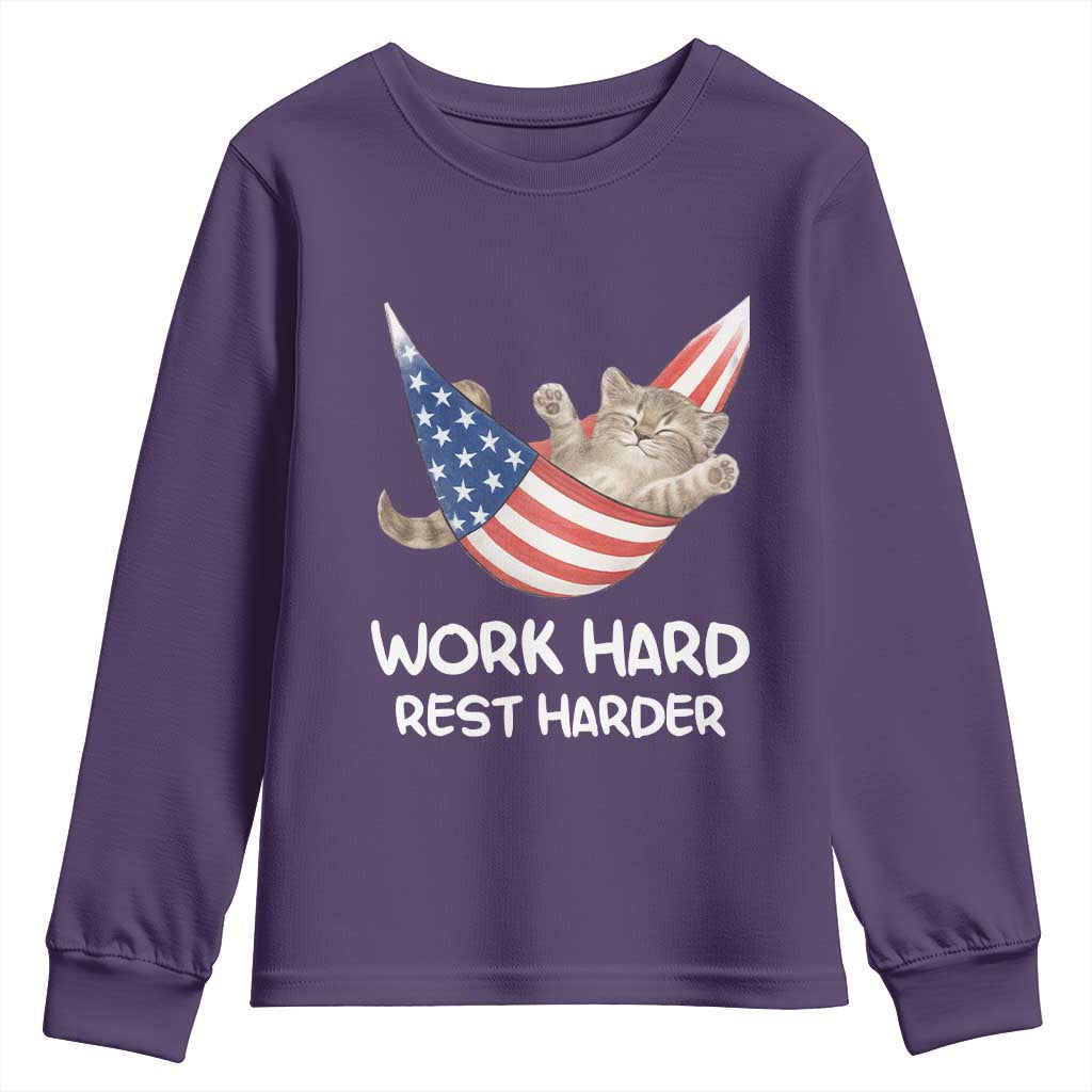Funny Lazy Cat Youth Sweatshirt Work Hard Rest Harder Cute Kitty Humor - Wonder Print Shop