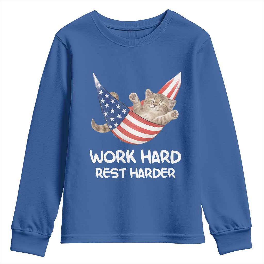 Funny Lazy Cat Youth Sweatshirt Work Hard Rest Harder Cute Kitty Humor - Wonder Print Shop