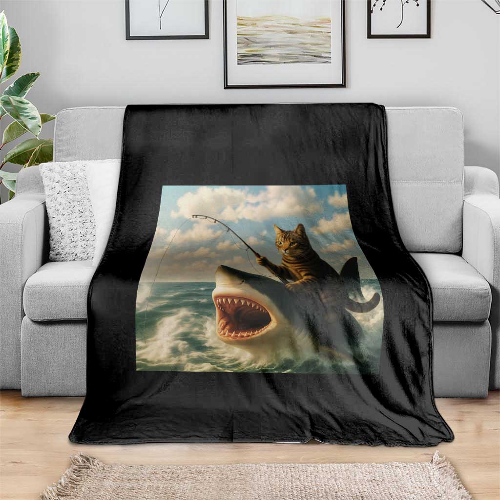 Funny Cat Riding Shark Throw Blanket Fishing Fisherman Ocean Lover Humor - Wonder Print Shop