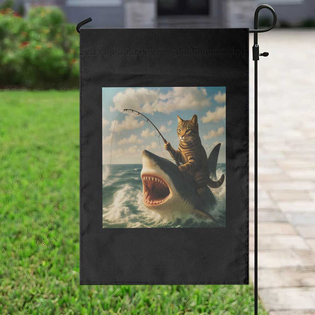 Funny Cat Riding Shark Garden Flag Fishing Fisherman Ocean Lover Humor - Wonder Print Shop