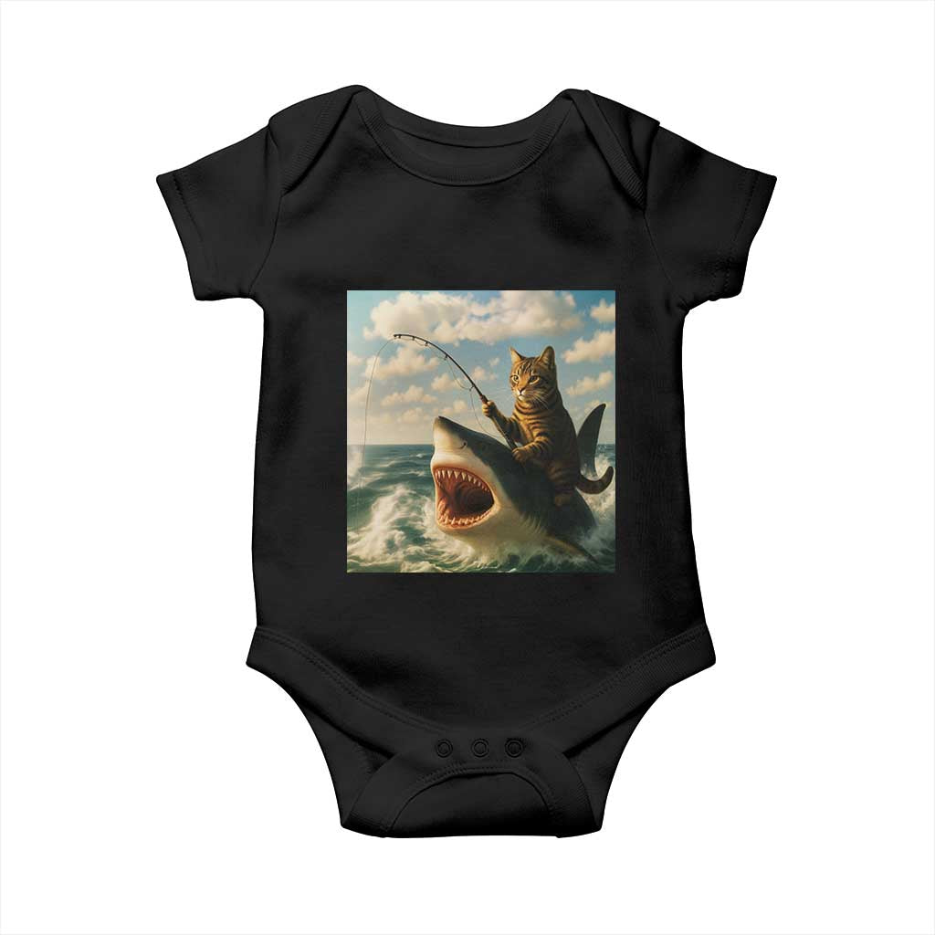 Funny Cat Riding Shark Baby Onesie Fishing Fisherman Ocean Lover Humor - Wonder Print Shop