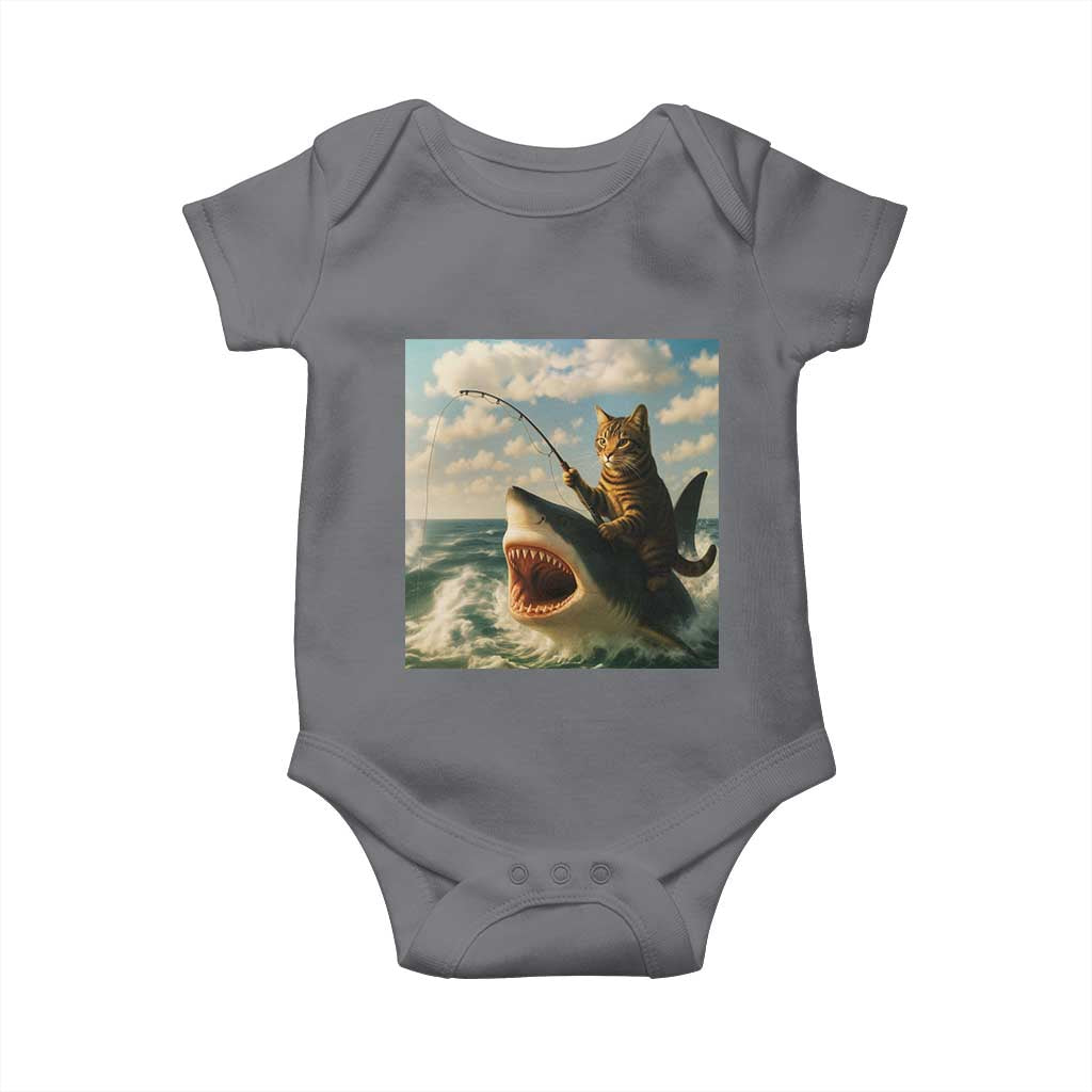 Funny Cat Riding Shark Baby Onesie Fishing Fisherman Ocean Lover Humor - Wonder Print Shop