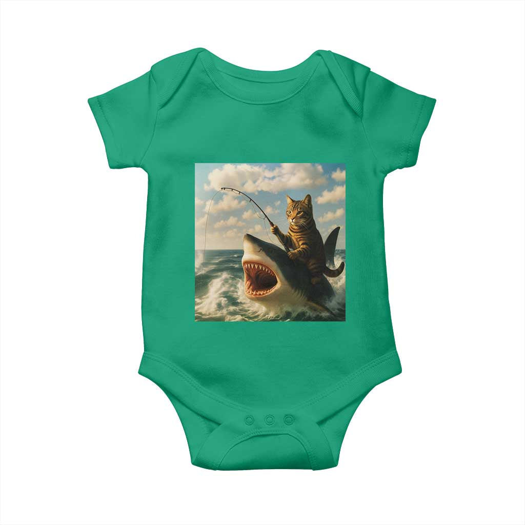 Funny Cat Riding Shark Baby Onesie Fishing Fisherman Ocean Lover Humor - Wonder Print Shop
