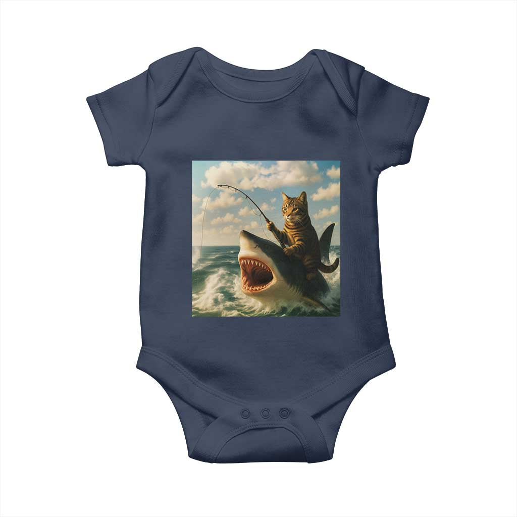 Funny Cat Riding Shark Baby Onesie Fishing Fisherman Ocean Lover Humor - Wonder Print Shop