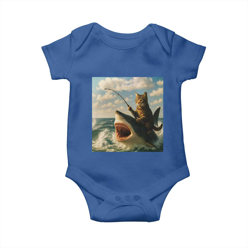 Funny Cat Riding Shark Baby Onesie Fishing Fisherman Ocean Lover Humor - Wonder Print Shop