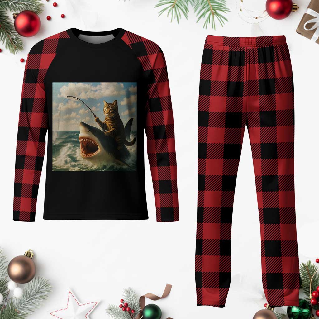 Funny Cat Riding Shark Plaid Pajama Set Fishing Fisherman Ocean Lover Humor - Wonder Print Shop