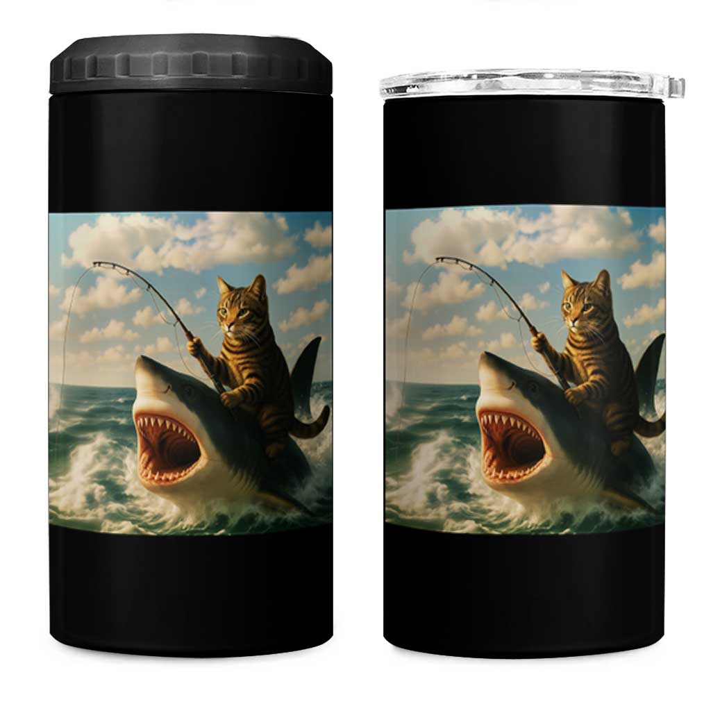 Funny Cat Riding Shark 4 in 1 Can Cooler Tumbler Fishing Fisherman Ocean Lover Humor