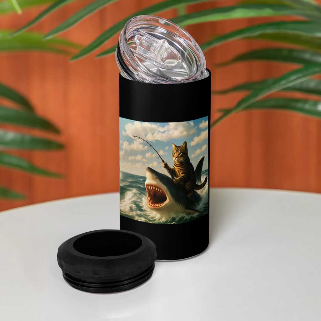 Funny Cat Riding Shark 4 in 1 Can Cooler Tumbler Fishing Fisherman Ocean Lover Humor