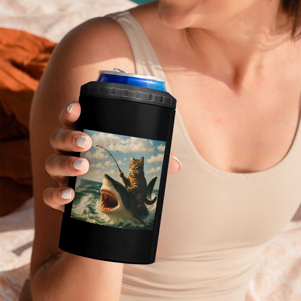 Funny Cat Riding Shark 4 in 1 Can Cooler Tumbler Fishing Fisherman Ocean Lover Humor