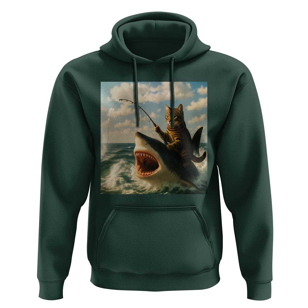 Funny Cat Riding Shark Hoodie Fishing Fisherman Ocean Lover Humor - Wonder Print Shop