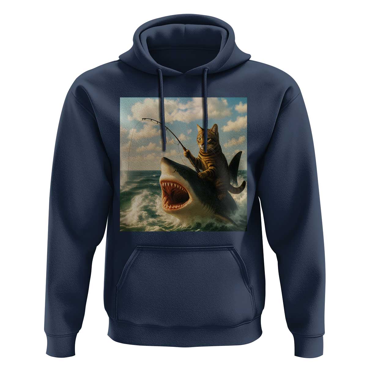 Funny Cat Riding Shark Hoodie Fishing Fisherman Ocean Lover Humor - Wonder Print Shop