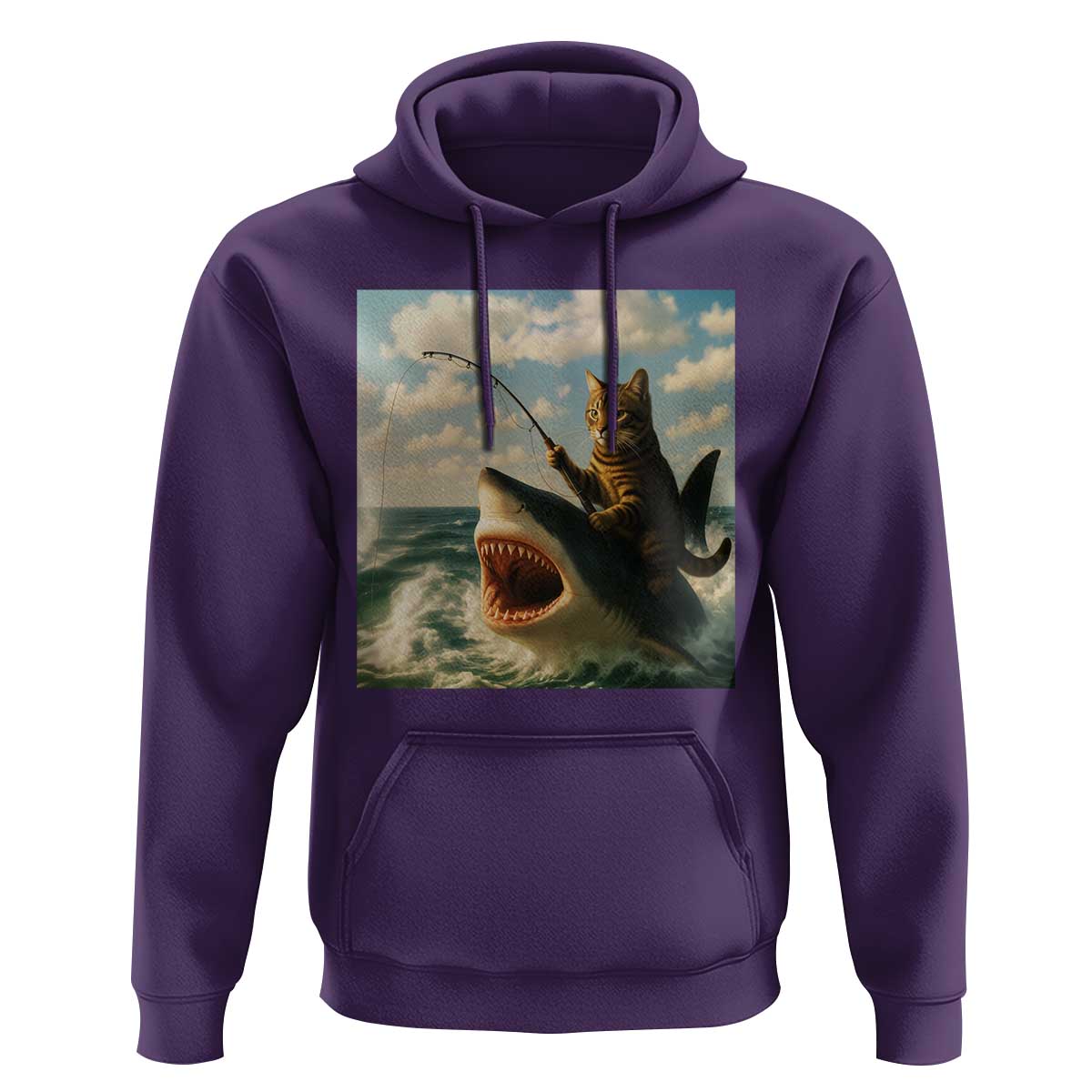 Funny Cat Riding Shark Hoodie Fishing Fisherman Ocean Lover Humor - Wonder Print Shop
