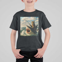 Funny Cat Riding Shark T Shirt For Kid Fishing Fisherman Ocean Lover Humor - Wonder Print Shop