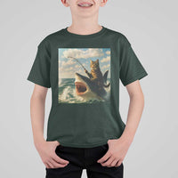 Funny Cat Riding Shark T Shirt For Kid Fishing Fisherman Ocean Lover Humor - Wonder Print Shop