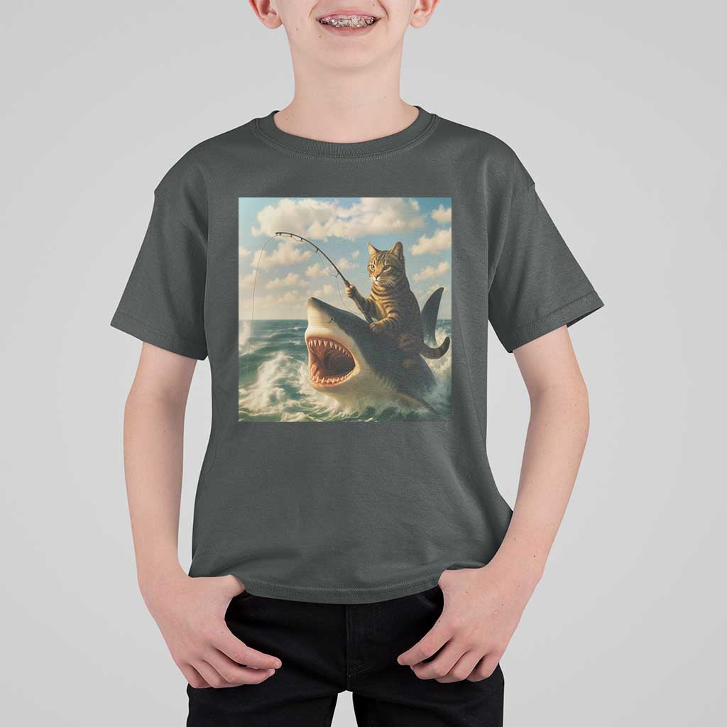 Funny Cat Riding Shark T Shirt For Kid Fishing Fisherman Ocean Lover Humor - Wonder Print Shop