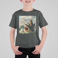 Funny Cat Riding Shark T Shirt For Kid Fishing Fisherman Ocean Lover Humor - Wonder Print Shop