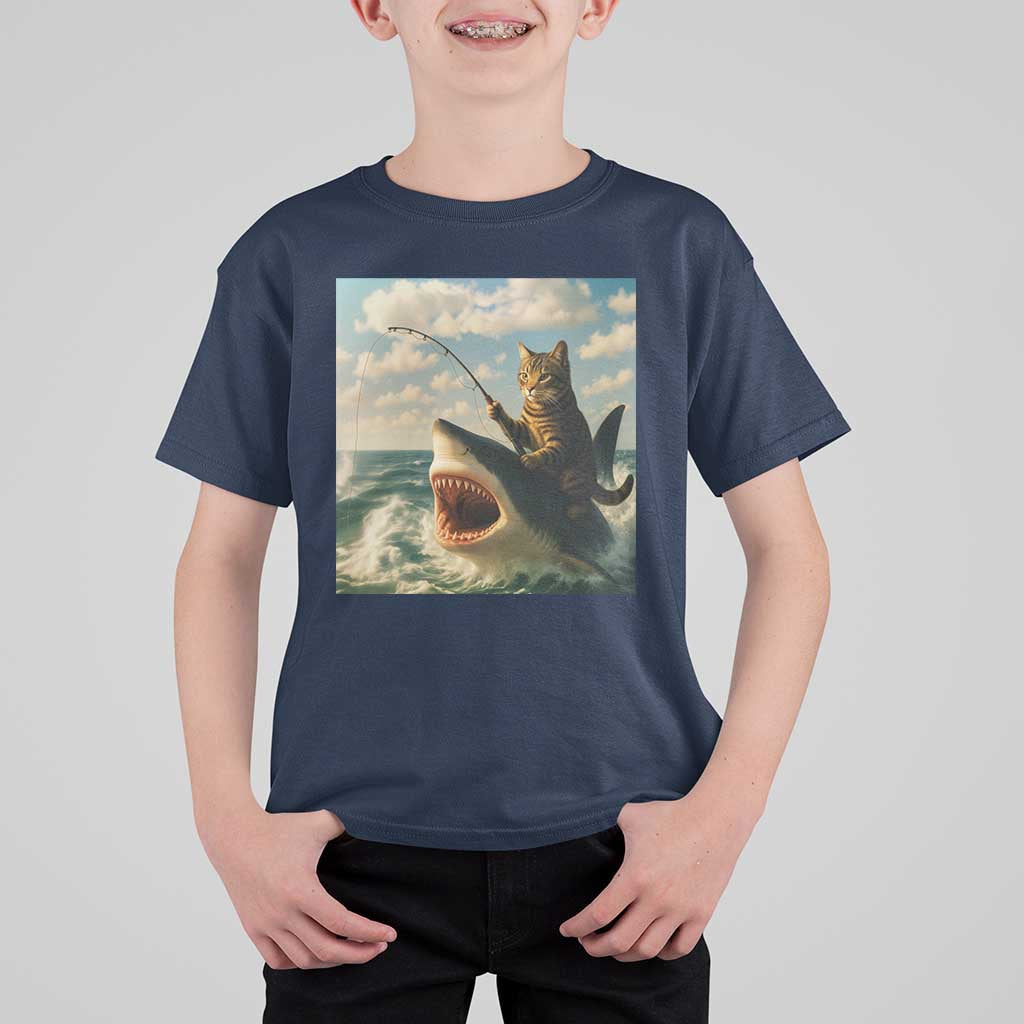 Funny Cat Riding Shark T Shirt For Kid Fishing Fisherman Ocean Lover Humor - Wonder Print Shop