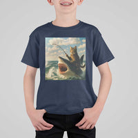 Funny Cat Riding Shark T Shirt For Kid Fishing Fisherman Ocean Lover Humor - Wonder Print Shop