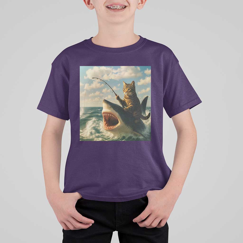 Funny Cat Riding Shark T Shirt For Kid Fishing Fisherman Ocean Lover Humor - Wonder Print Shop