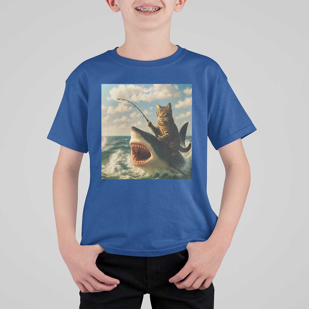 Funny Cat Riding Shark T Shirt For Kid Fishing Fisherman Ocean Lover Humor - Wonder Print Shop