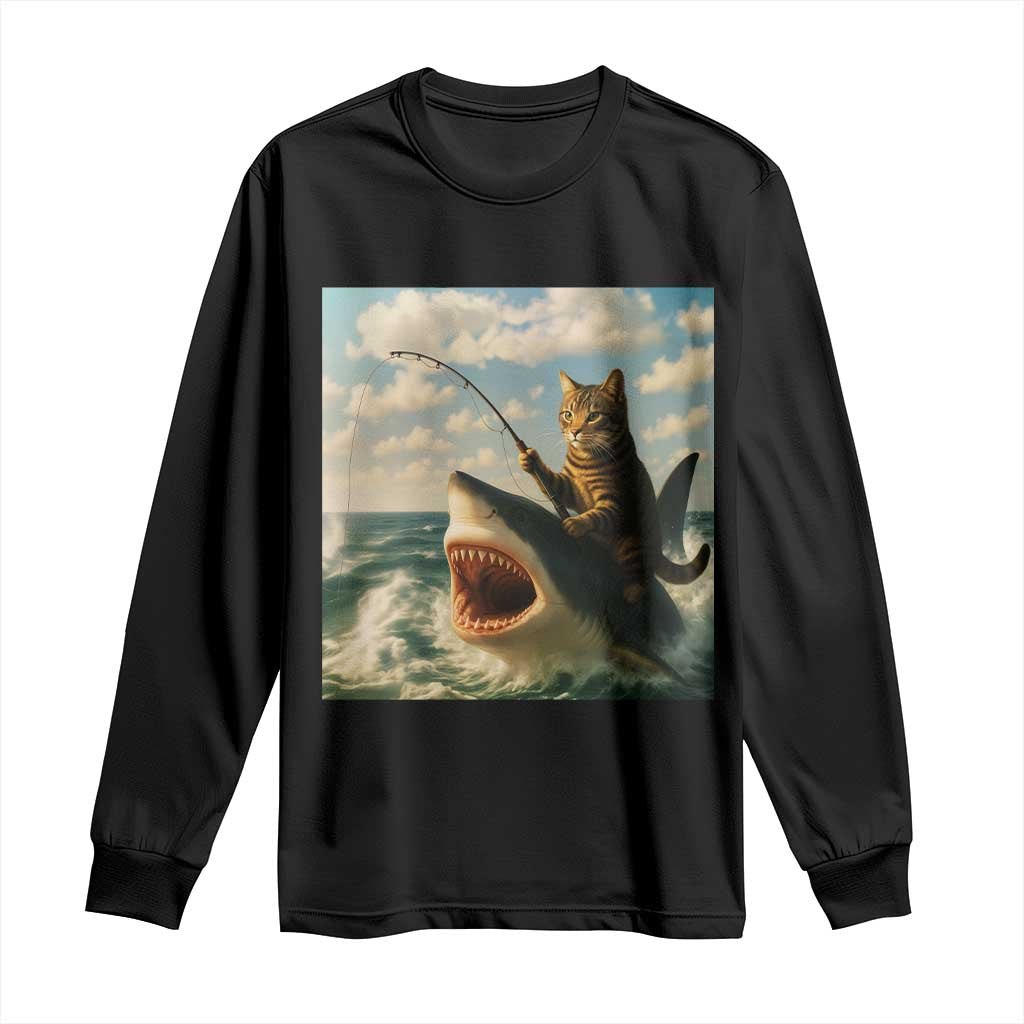 Funny Cat Riding Shark Long Sleeve Shirt Fishing Fisherman Ocean Lover Humor - Wonder Print Shop