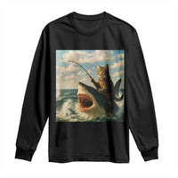 Funny Cat Riding Shark Long Sleeve Shirt Fishing Fisherman Ocean Lover Humor - Wonder Print Shop