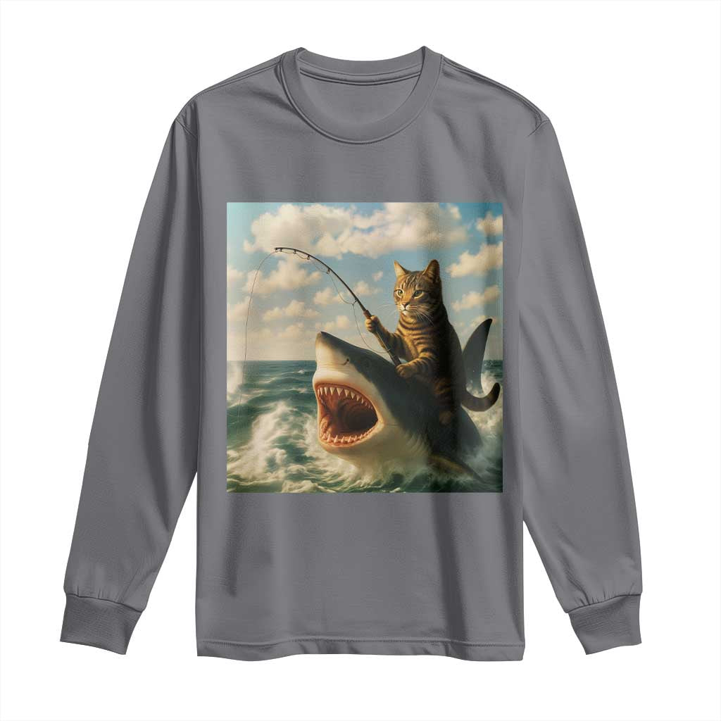 Funny Cat Riding Shark Long Sleeve Shirt Fishing Fisherman Ocean Lover Humor - Wonder Print Shop