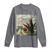 Funny Cat Riding Shark Long Sleeve Shirt Fishing Fisherman Ocean Lover Humor - Wonder Print Shop