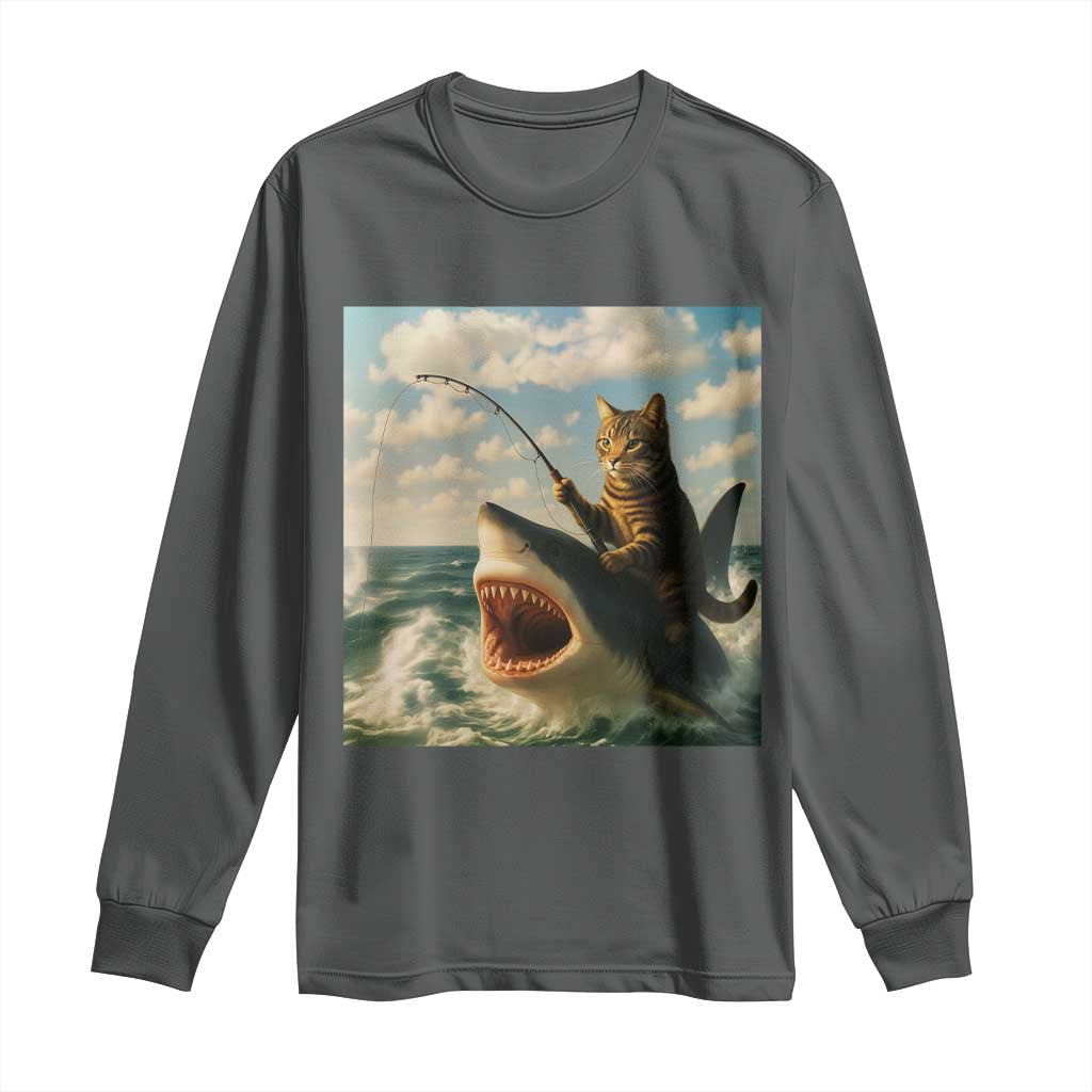 Funny Cat Riding Shark Long Sleeve Shirt Fishing Fisherman Ocean Lover Humor - Wonder Print Shop