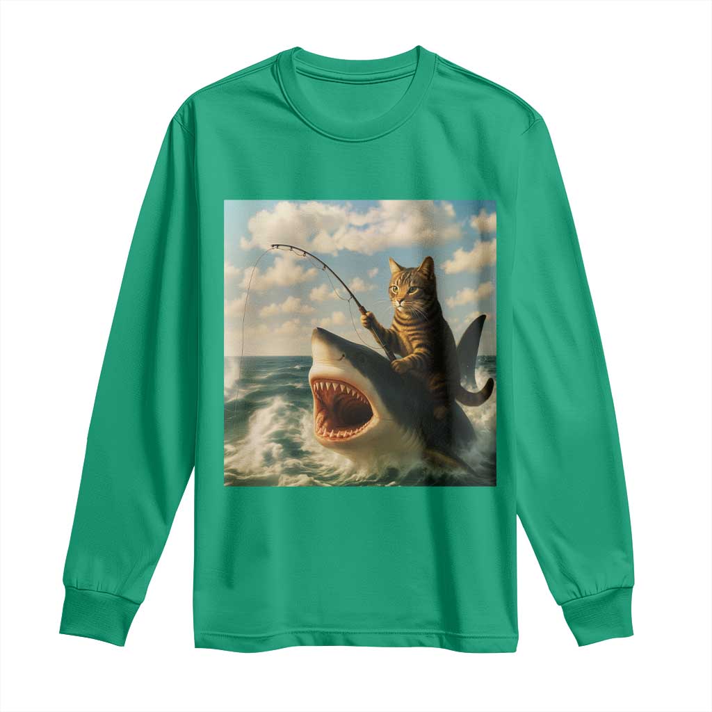 Funny Cat Riding Shark Long Sleeve Shirt Fishing Fisherman Ocean Lover Humor - Wonder Print Shop