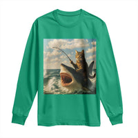 Funny Cat Riding Shark Long Sleeve Shirt Fishing Fisherman Ocean Lover Humor - Wonder Print Shop
