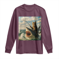 Funny Cat Riding Shark Long Sleeve Shirt Fishing Fisherman Ocean Lover Humor - Wonder Print Shop