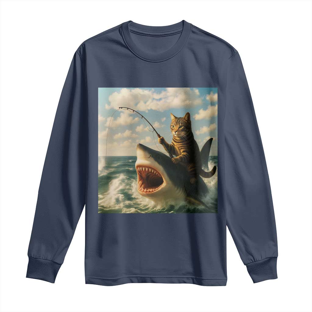 Funny Cat Riding Shark Long Sleeve Shirt Fishing Fisherman Ocean Lover Humor - Wonder Print Shop