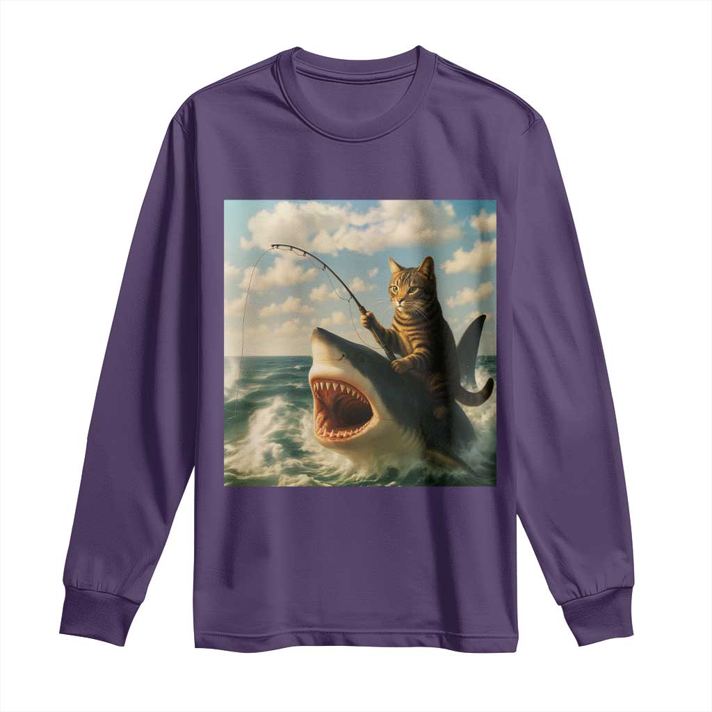 Funny Cat Riding Shark Long Sleeve Shirt Fishing Fisherman Ocean Lover Humor - Wonder Print Shop